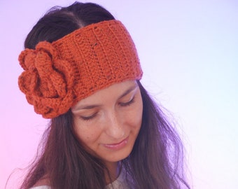 Orange headband, flower crochet headband, merino headband, crochet hairband, winter autumn fall headband