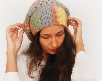 Slouchy multicolor beanie hat, Crochet multicolored beanie hat, merino hat, woman accessories - in stock