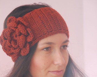 Hippie headband. Scarlet red  headband, merino wool headband, big flower crochet hairband, winter headband