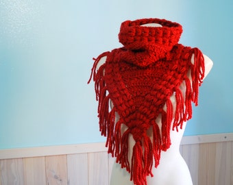 Crochet Chunky Triangle dark red Neck, Big winter cowl, unusual hippie style scarf, merino wool neck