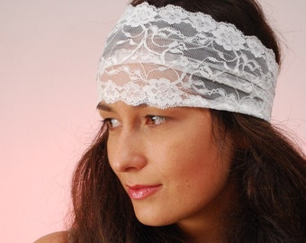 White lace headband, Summer Festival Headband, boho hair decoration, stretchy hair bands, Ibiza wedding accessories