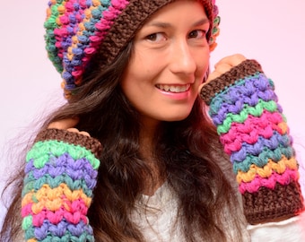 Colorful crochet set, Set beanie hat and fingerless mittens. Hippie crochet hat. Multicolored brown beanie