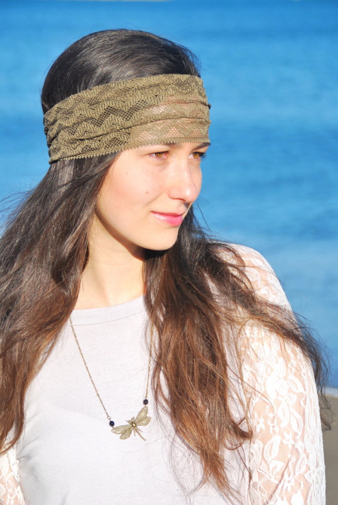 Summer Music Festival Headband, Khaki Lace Headband, Festival Hair Decoration, Stretchy Lacy