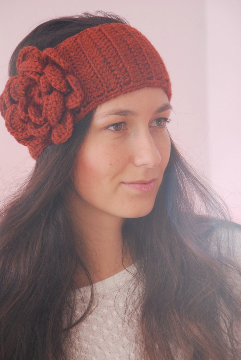 Hippie headband. Scarlet red headband, merino wool headband, big flower crochet hairband, winter headband image 1