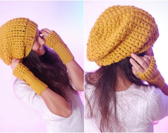 Crocheted Mustard hat and mittens. Set of merino wool beanie hat and mittens  - in stock