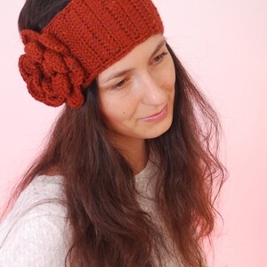 Hippie headband. Scarlet red headband, merino wool headband, big flower crochet hairband, winter headband image 3