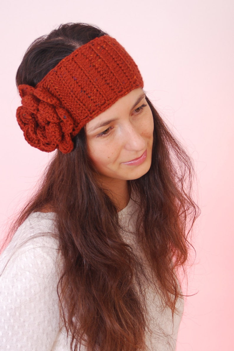 Hippie headband. Scarlet red headband, merino wool headband, big flower crochet hairband, winter headband image 3