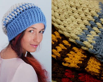 Blue winter beanie hat, loose ribbed beanie, baggy hat, floppy chunky beanie, Xmas gift for here - in stock