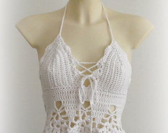 White halter top - beautiful white top, sexy crochet top bra, hippie white top, summer festival crochet tank