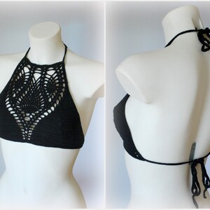 Halter neck crochet crop. Black halter top, hippie top, music festival top, beach summer top, crochet tank image 3