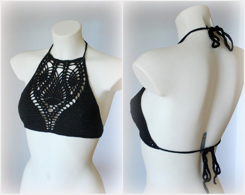 Halter neck crochet crop. Black halter top, hippie top, music festival top, beach summer top, crochet tank image 3