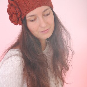 Hippie headband. Scarlet red headband, merino wool headband, big flower crochet hairband, winter headband image 2