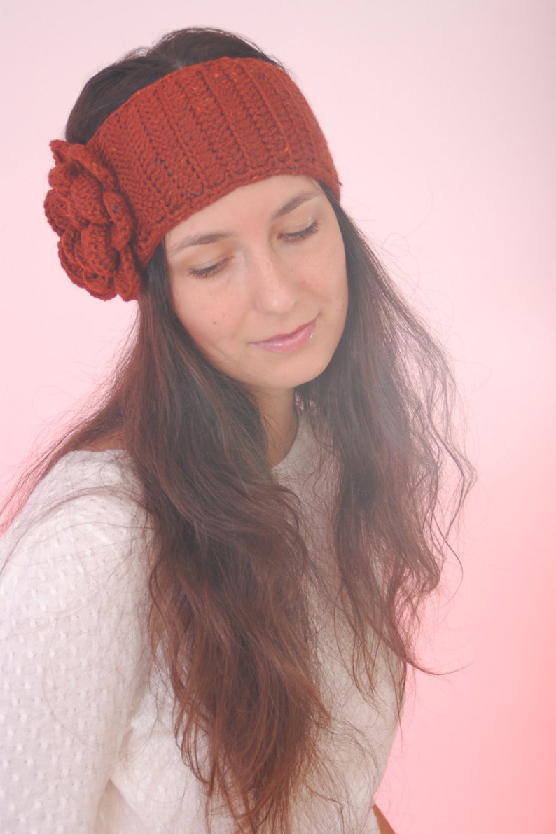Hippie headband. Scarlet red headband, merino wool headband, big flower crochet hairband, winter headband image 2