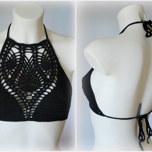 Halter neck crochet crop. Black halter top, hippie top, music festival top, beach summer top, crochet tank image 1