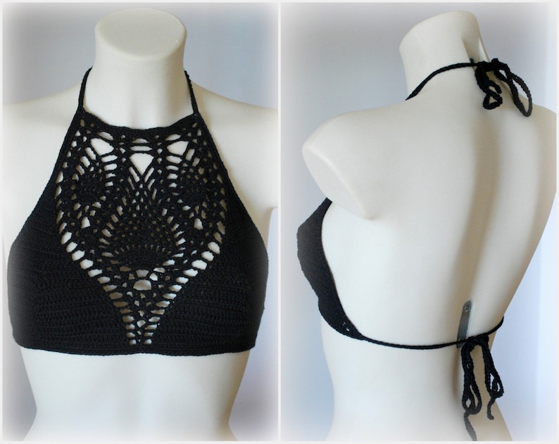 Halter neck crochet crop. Black halter top, hippie top, music festival top, beach summer top, crochet tank image 1