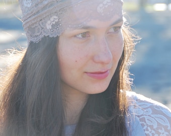 Boho Lace Bandana, Rustieke Bruiloft Hoofdband, Vintage stijl Kant Hoofdband, donker beige boho hoofdband, Muziek Festival Accessoires