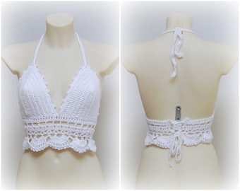 Top halter de ganchillo blanco, hermoso sujetador superior de gran tamaño, top blanco de estilo hippie. Chica Boho. Superventas.