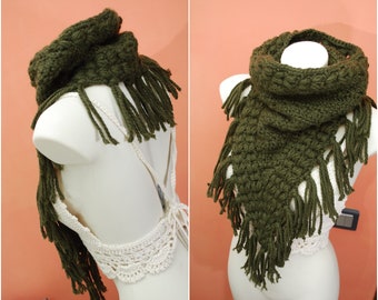 Handcrafted dark green fringe scarf for a stylish winter statement piece, Crochet Chunky Hippie Neck, SexyCrochet design