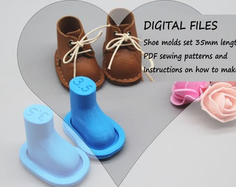 DIGITAL Files Shoe molds set 35mm length + PDF sewing patterns and Instructions on how to make a Leather boots, Shoe dolls craft set