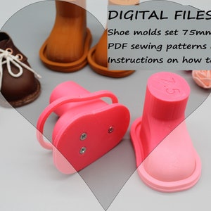 DIGITAL Files Shoe molds set 75mm length + PDF sewing patterns and Instructions on how to make a Leather boots, Shoe dolls craft set