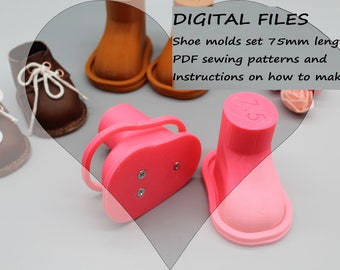 DIGITAL Files Shoe molds set 75mm length + PDF sewing patterns and Instructions on how to make a Leather boots, Shoe dolls craft set