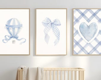 Blauwe kinderkamer muurkunst set van 3 afdrukbare babyjongen kinderkamerafdrukken (digitale download)