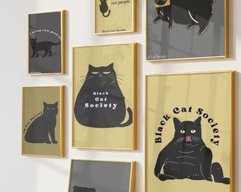 Funny Black Cat Art Prints, Modern Pet Wall Decor (Digital Download)