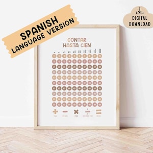 May include: A framed educational print with the text "CONTAR HASTA CIEN" and numbers from 1 to 100 in a grid. The print includes math symbols and the words "MAS, MENOS, POR, DIVIDIDO POR, IGUAL". The print is labeled "SPANISH LANGUAGE VERSION".