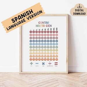 May include: A framed educational print with the text "CONTAR HASTA CIEN" and "SPANISH LANGUAGE VERSION". The print displays numbers 1-100 in a colorful, circular grid, with math symbols at the bottom. A "DIGITAL DOWNLOAD" icon is in the upper right.