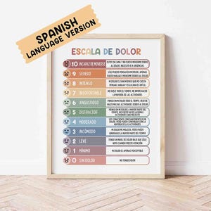 May include: A framed print of a pain scale in Spanish, titled "Escala de Dolor." The scale ranges from "Sin Dolor" to "Incapaz de Moverse," with corresponding descriptions. The print has a light wood frame and a peach-colored banner.
