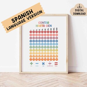 May include: A framed educational print with the text "CONTAR HASTA CIEN" and "SPANISH LANGUAGE VERSION". The print displays numbers 1-100 in a colorful, circular grid, with math symbols at the bottom. A "DIGITAL DOWNLOAD" icon is in the upper right.