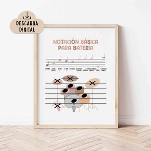 Notaciones de Batería Poster, Basic Drum Notations BOHO (Digital Download) Printable in Spanish, Classroom Decor, Music Education