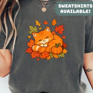 Comfort Colors® Cozy Autumn Cat Shirt Sleeping Orange Cat In Fall Leaves Pumpkin Tee Cute Cat Lover Gift Shirt For Women Fall Season Shirt