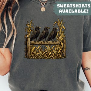 Comfort Colors® Three Crows On A Fence Cornfield Shirt Fall Harvest Shirt Autumn Crow Lover Gift Vintage Farmhouse Tee Spooky Season Shirt