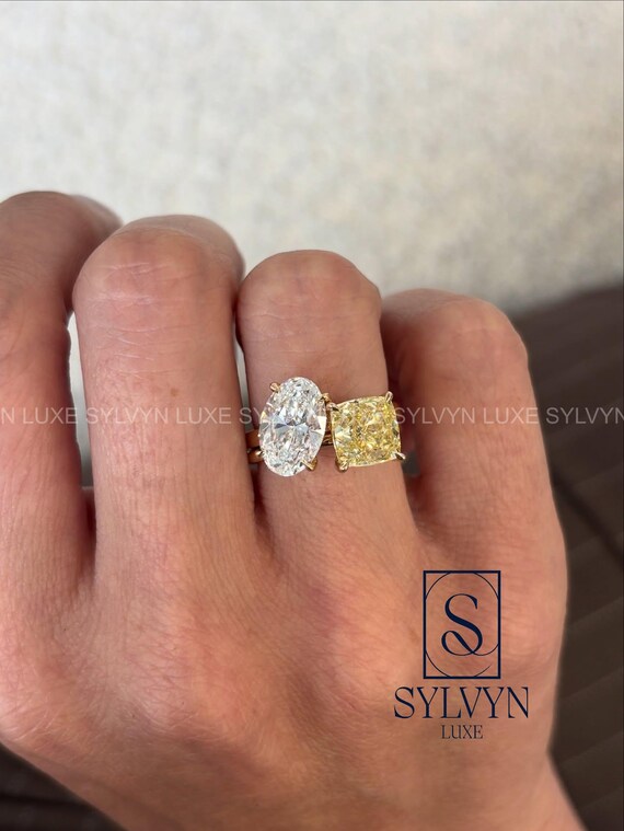 Toi et Moi Oval & Yellow Cushion Diamond Ring, Lab Grown Two Stone Engagement Ring, Modern Gold Anniversary Ring