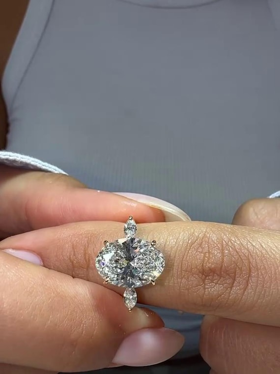 Oval Cut Lab Grown Diamond Ring with Marquise Accents, 2.3 CT Statement Engagement Ring, Luxury Gold Ring