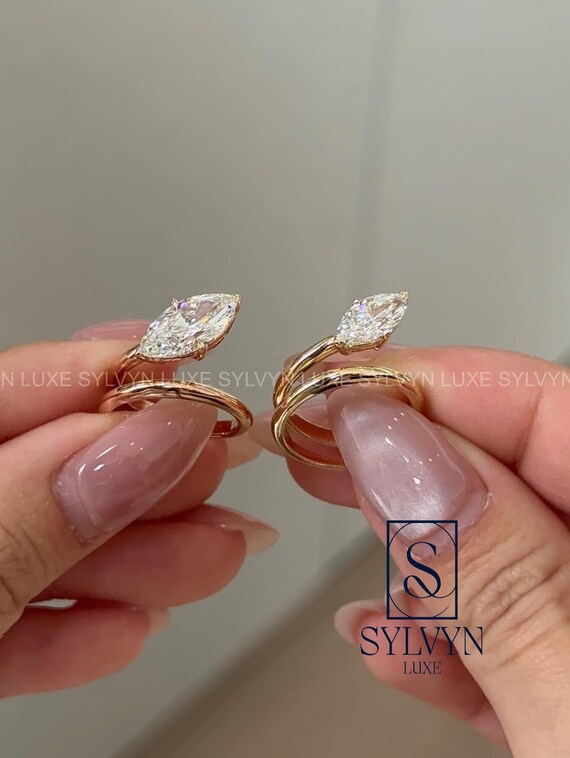 Marquise Cut Lab Grown Diamond Wrap Earrings, Unique Gold Bypass Design Minimalist Luxury Anniversary Gift IGI Certified