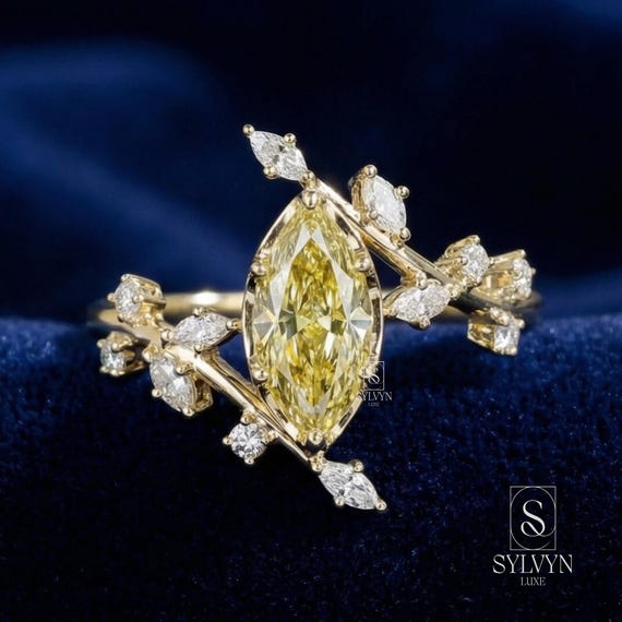 2.4 TCW Yellow Marquise IGI Certified Diamond Engagement Ring Lab Grown Diamond, Nature Inspired Leaf Band, Valentine Day Gift, Gift For Her