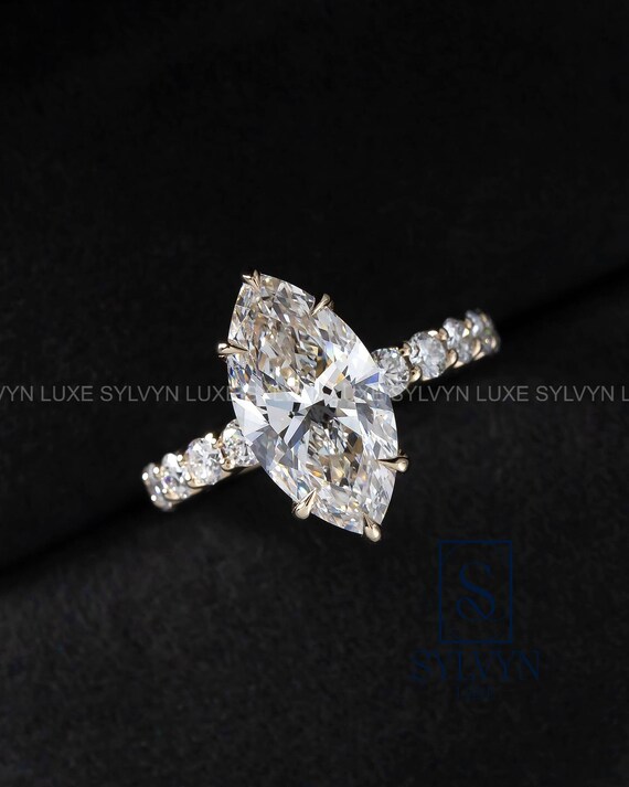 Marquise Cut IGI Certified Diamond Engagement Ring, Lab Diamond, Yellow Gold Round Side Stone Ring, Gift For Her, Pavé Band Solitaire Ring