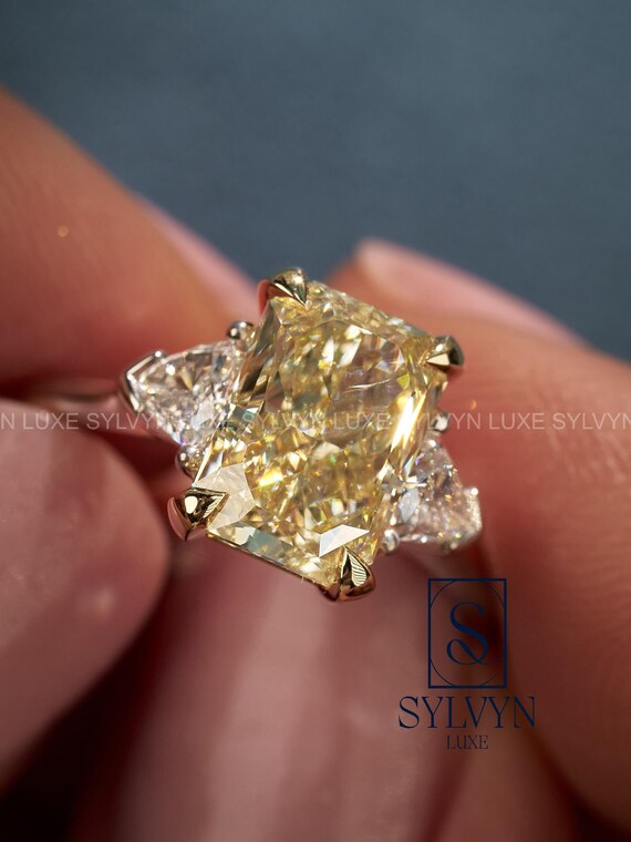 2.3 TCW Cushion Lab Grown Yellow Diamond Engagement Ring, Trillion Side Stones, Gold Ring