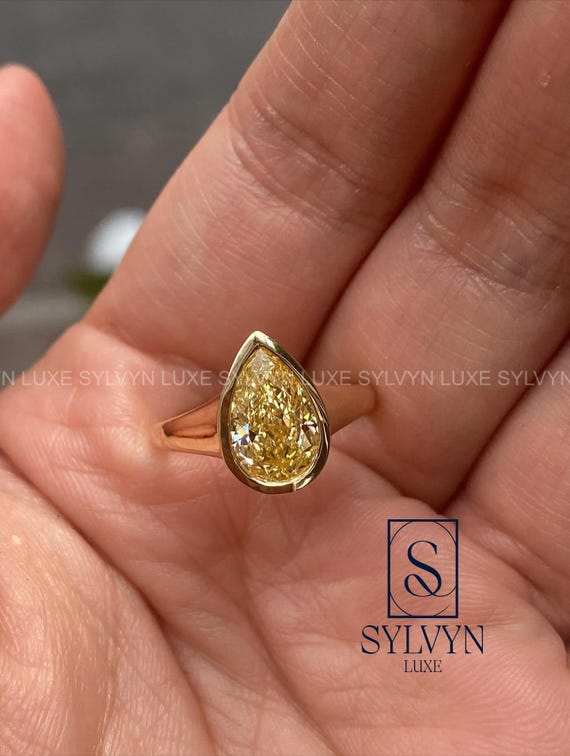 Fancy Yellow Pear Cut Lab Grown Diamond Ring, Gold Wrap Setting