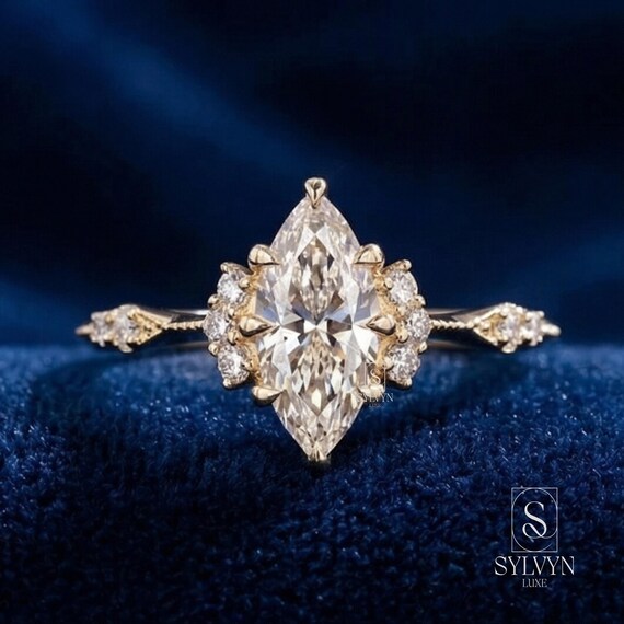 Marquise Cut Lab Grown IGI Certified diamond engagement ring, Cluster Side Stones, Gift For Her, ,Vintage Inspired Floral Bridal Ring