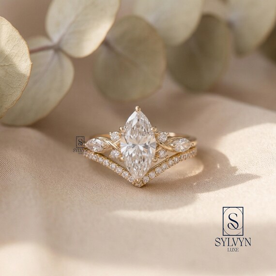 Marquise Cut Lab Grown Diamond Engagement Ring • Diamond Chevron Wedding Band •Unique Leaf Detail Bridal Ring Set •Dainty Gold Stacking Ring