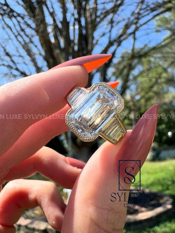 4.4 TCW Emerald Cut Lab Grown Diamond Ring with Baguette Side Stones, Bezel Set Vintage Gold Engagement Ring