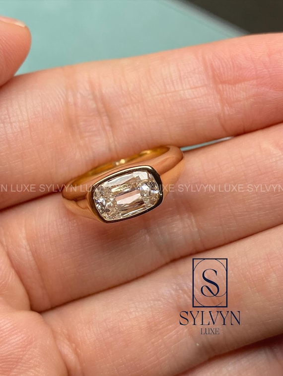 2CT Bezel Set Old Mine Cushion Cut Lab Grown Diamond Ring, Minimal Gold Engagement Ring, Modern Anniversary Gift for Her IGI Certified