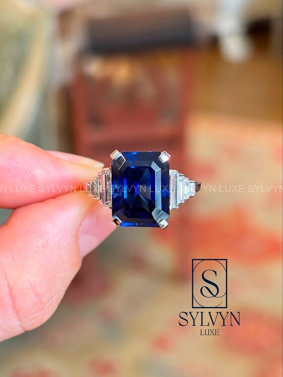 2.9CT IGI Certified Emerald Blue Lab Grown Diamond Ring with Baguette Side Stone, Three Stone Gold Engagement Ring Emerald  Gemstone Ring