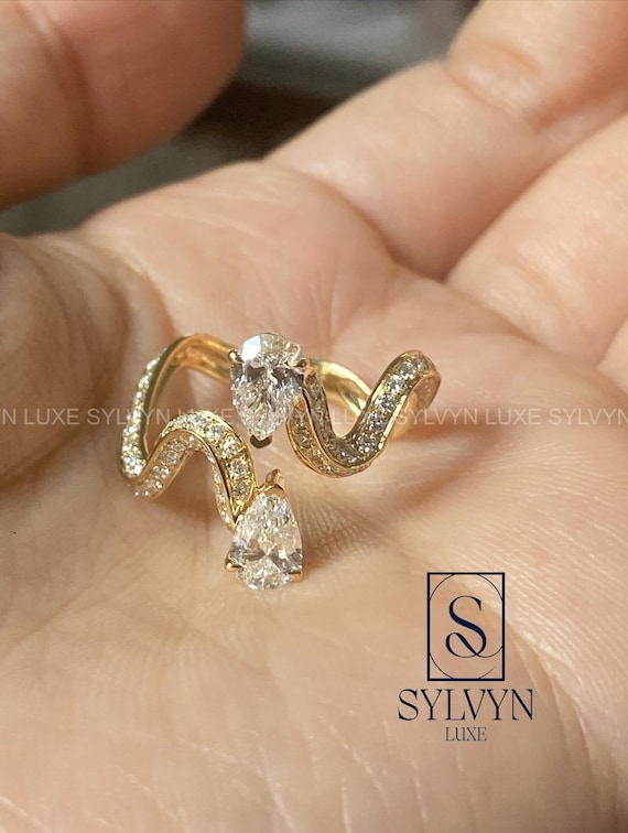 3.4Ct Pear Cut Lab Diamond Wave Ring, 14K Yellow Gold Bypass Ring