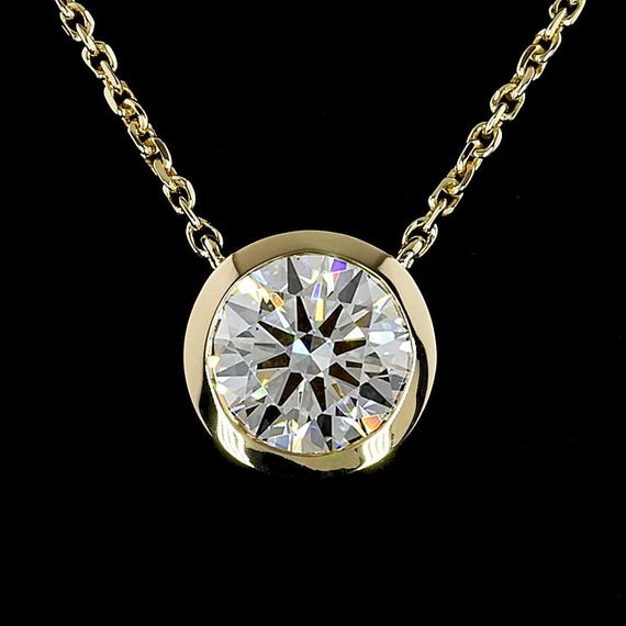 Round Cut Lab Grown Diamond Solitaire Necklace Silver, Solid Gold: Yellow Gold Bezel Setting