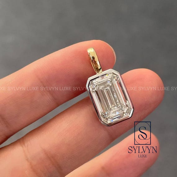 Emerald Cut Lab Grown Diamond Pendant Necklace, Bezel Set Gold Solitaire Minimalist Anniversary Gift IGI Certified