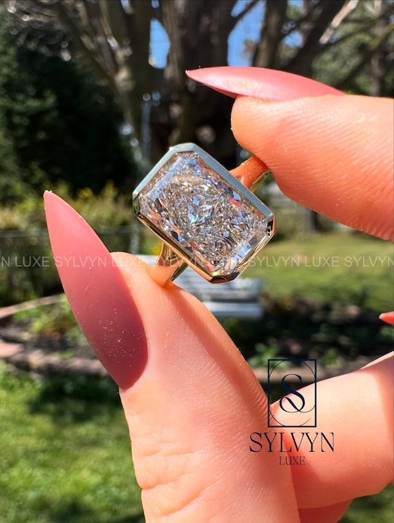 Bezel Set Radiant Cut Lab Grown Diamond Ring, Gold Anniversary Ring IGI Certified